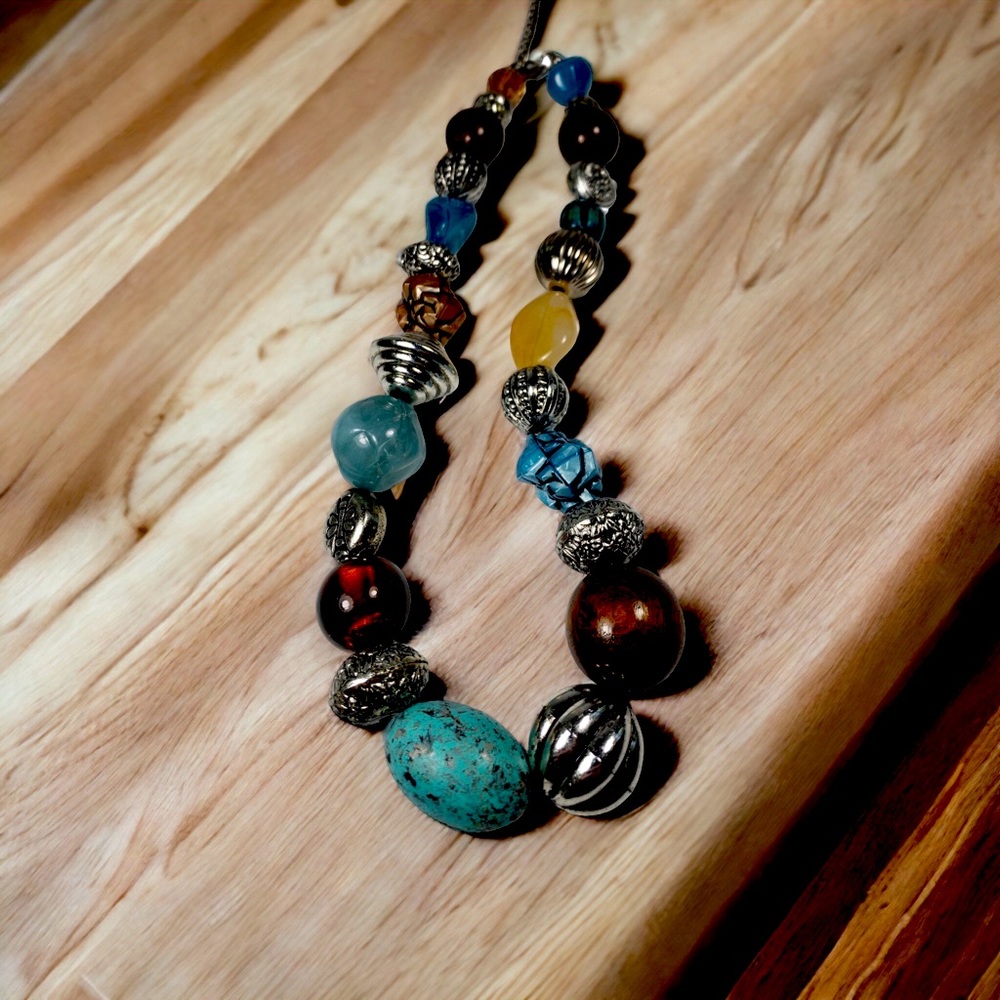 Boho Artisan Clusters, Wood & Silver Tone Beaded Necklace